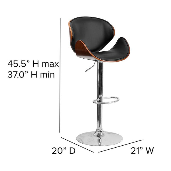 Flash Furniture Walnut Bentwood Adjustable Height Barstool with Curved Back and Black Vinyl Seat - SD-2203-WAL-GG