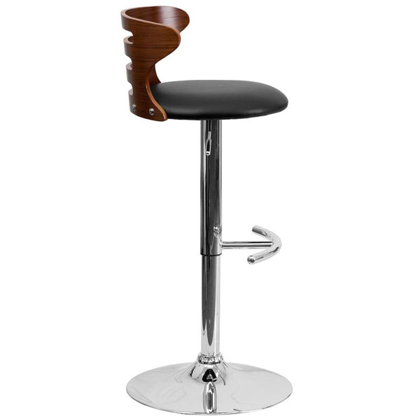 Flash Furniture Walnut Bentwood Adjustable Height Barstool with Three Slot Cutout Back and Black Vinyl Seat - SD-2019-WAL-GG