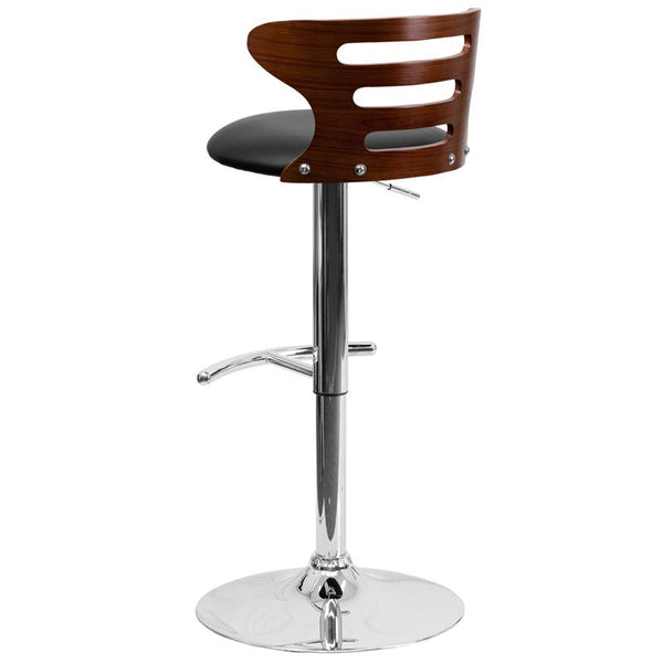 Flash Furniture Walnut Bentwood Adjustable Height Barstool with Three Slot Cutout Back and Black Vinyl Seat - SD-2019-WAL-GG