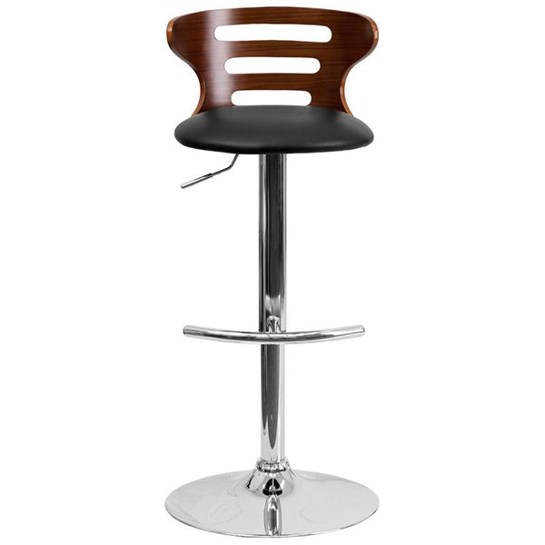 Flash Furniture Walnut Bentwood Adjustable Height Barstool with Three Slot Cutout Back and Black Vinyl Seat - SD-2019-WAL-GG