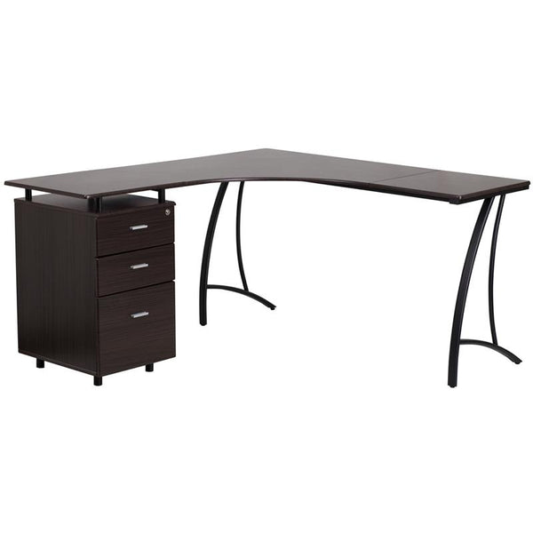 Flash Furniture Walnut Laminate L-Shape Desk with Three Drawer Pedestal - NAN-WK-113-WAL-GG