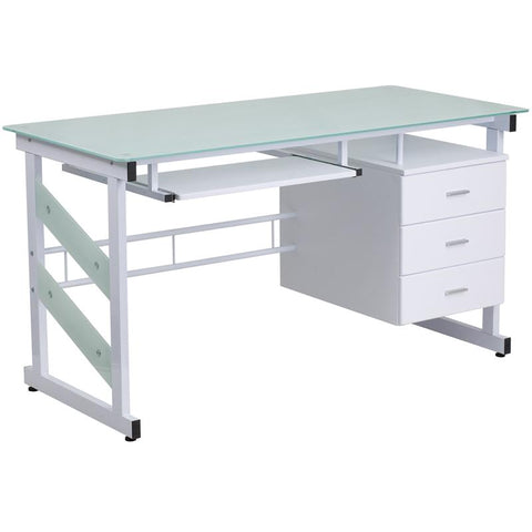 Flash Furniture White Computer Desk with Frosted Glass Top and Three Drawer Pedestal - NAN-WK-017-GG