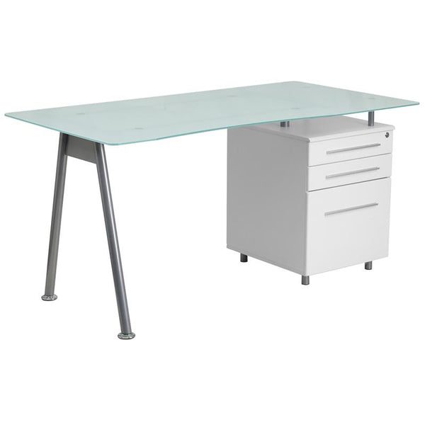 Flash Furniture White Computer Desk with Glass Top and Three Drawer Pedestal - NAN-WK-021-GG