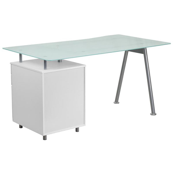 Flash Furniture White Computer Desk with Glass Top and Three Drawer Pedestal - NAN-WK-021-GG