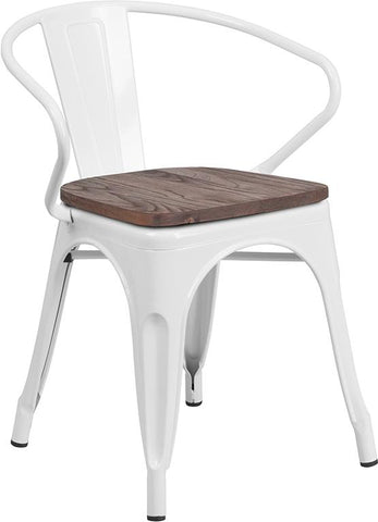 Flash Furniture White Metal Chair with Wood Seat and Arms - CH-31270-WH-WD-GG