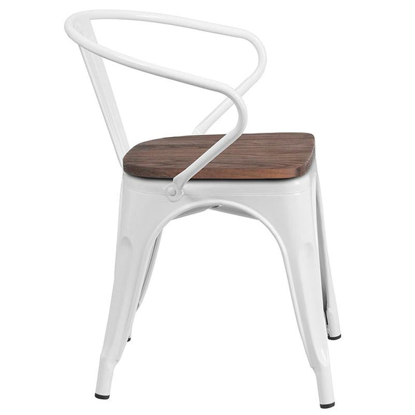Flash Furniture White Metal Chair with Wood Seat and Arms - CH-31270-WH-WD-GG
