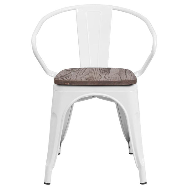 Flash Furniture White Metal Chair with Wood Seat and Arms - CH-31270-WH-WD-GG
