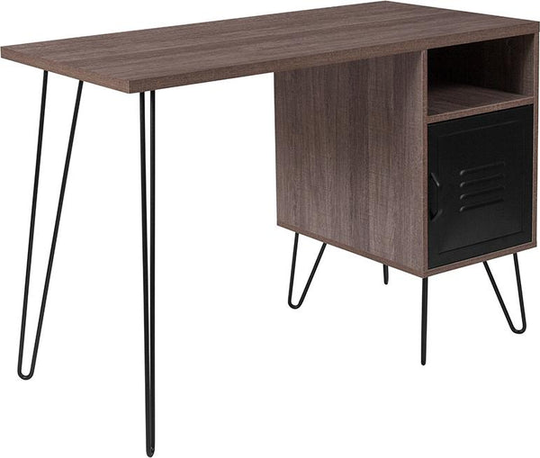 Flash Furniture Woodridge Collection Rustic Wood Grain Finish Computer Desk with Metal Cabinet Door and Black Metal Legs - NAN-JN-21735T-GG