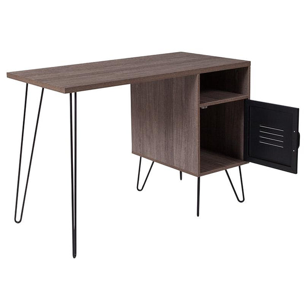 Flash Furniture Woodridge Collection Rustic Wood Grain Finish Computer Desk with Metal Cabinet Door and Black Metal Legs - NAN-JN-21735T-GG