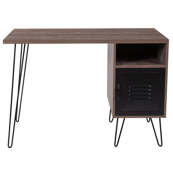 Flash Furniture Woodridge Collection Rustic Wood Grain Finish Computer Desk with Metal Cabinet Door and Black Metal Legs - NAN-JN-21735T-GG