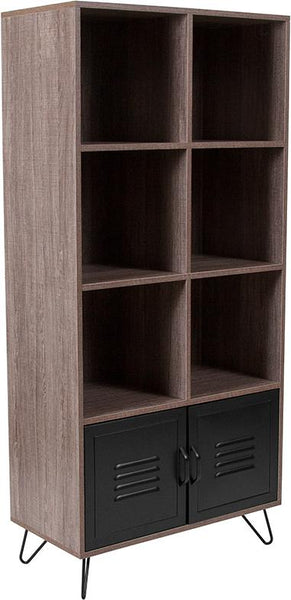 Flash Furniture Woodridge Collection Rustic Wood Grain Finish Storage Shelf with Metal Cabinet Doors and Black Metal Legs - NAN-JN-21735BF-GG