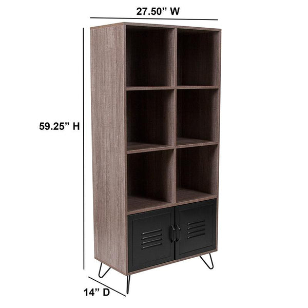 Flash Furniture Woodridge Collection Rustic Wood Grain Finish Storage Shelf with Metal Cabinet Doors and Black Metal Legs - NAN-JN-21735BF-GG