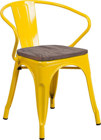 Flash Furniture Yellow Metal Chair with Wood Seat and Arms - CH-31270-YL-WD-GG