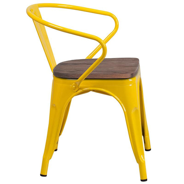 Flash Furniture Yellow Metal Chair with Wood Seat and Arms - CH-31270-YL-WD-GG