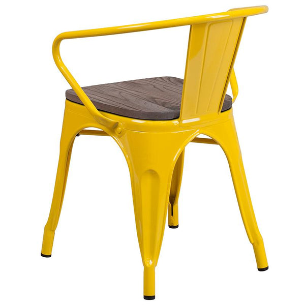 Flash Furniture Yellow Metal Chair with Wood Seat and Arms - CH-31270-YL-WD-GG