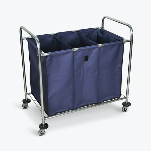 Luxor Industrial Laundry Cart w/ 3-Compartment Navy Canvas Bag & Steel Frame 36.5"W x 22"D x 36"H (Silver/Navy) - HL15