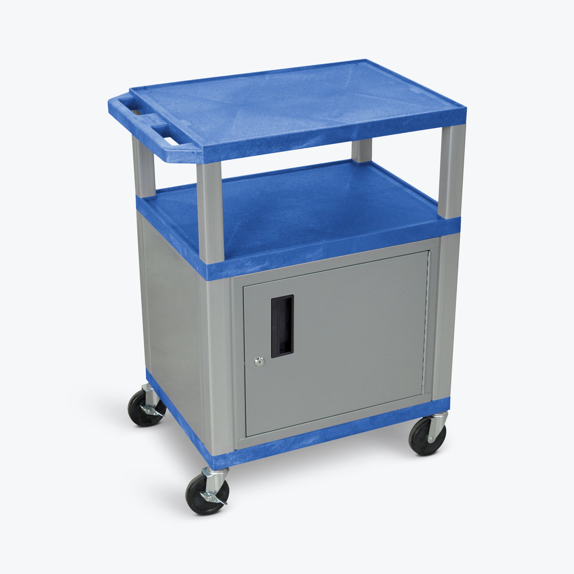 Luxor 34" 3-Shelf Tuffy AV Cart with Electric Assembly, Nickel Cabinet & Legs (Blue Shelves) - WT34BUC4E-N