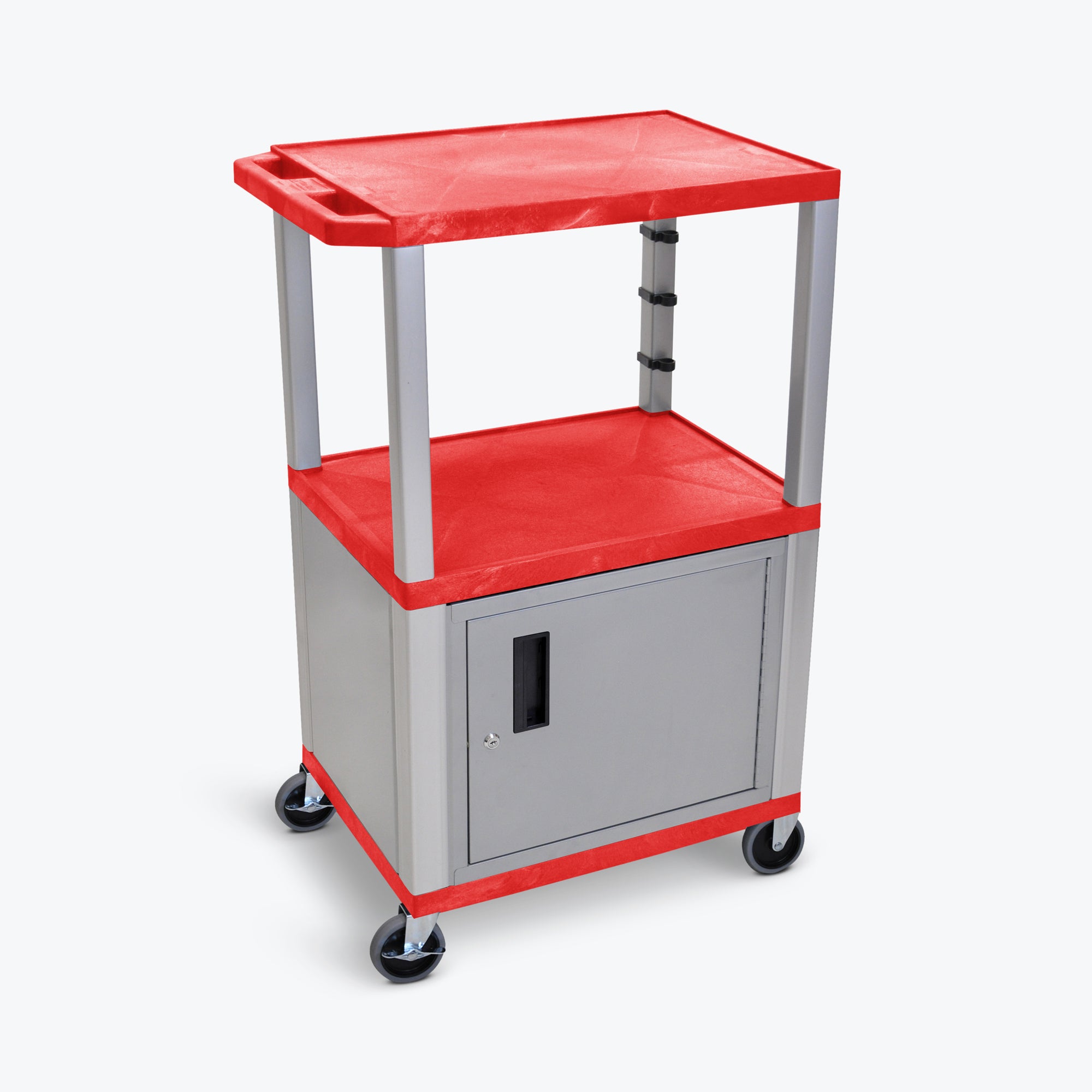 Luxor 42" 3-Shelf Tuffy AV Cart with Electric Assembly, Nickel Cabinet & Legs (Red Shelves) - WT42RC4E-N