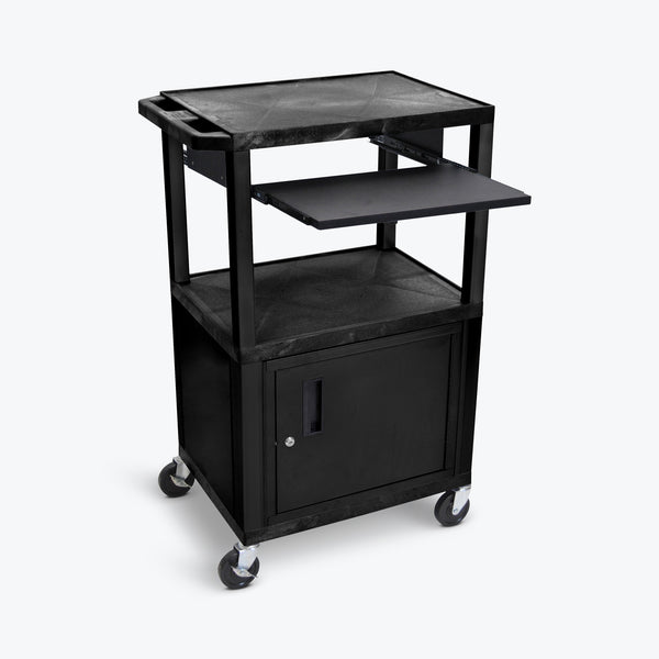 Luxor 42" 3-Shelf Tuffy Multi-Purpose Cart with Black Pullout Shelf & Electric Assembly, Black Cabinet & Legs (Black Shelves) - WTPS42C2E-B